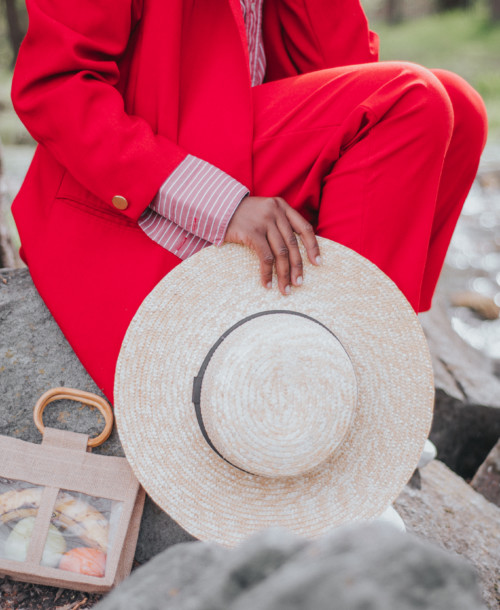 straw hat and straw bag, two piece suit